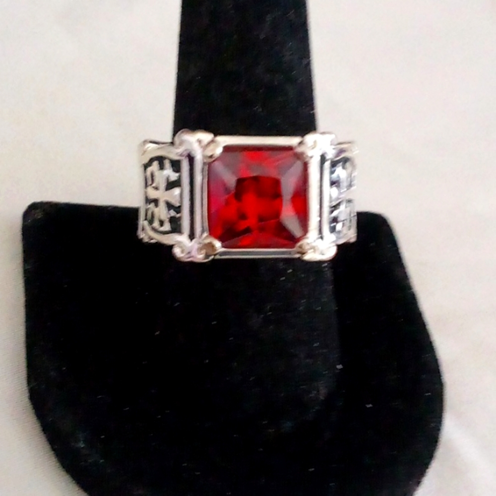Man's cushion cut ruby sterling silver dress ring Size 8.5 ❣️